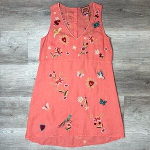 Johnny Was Adara Linen V neck Coral Embroidered Tank Dress Size M